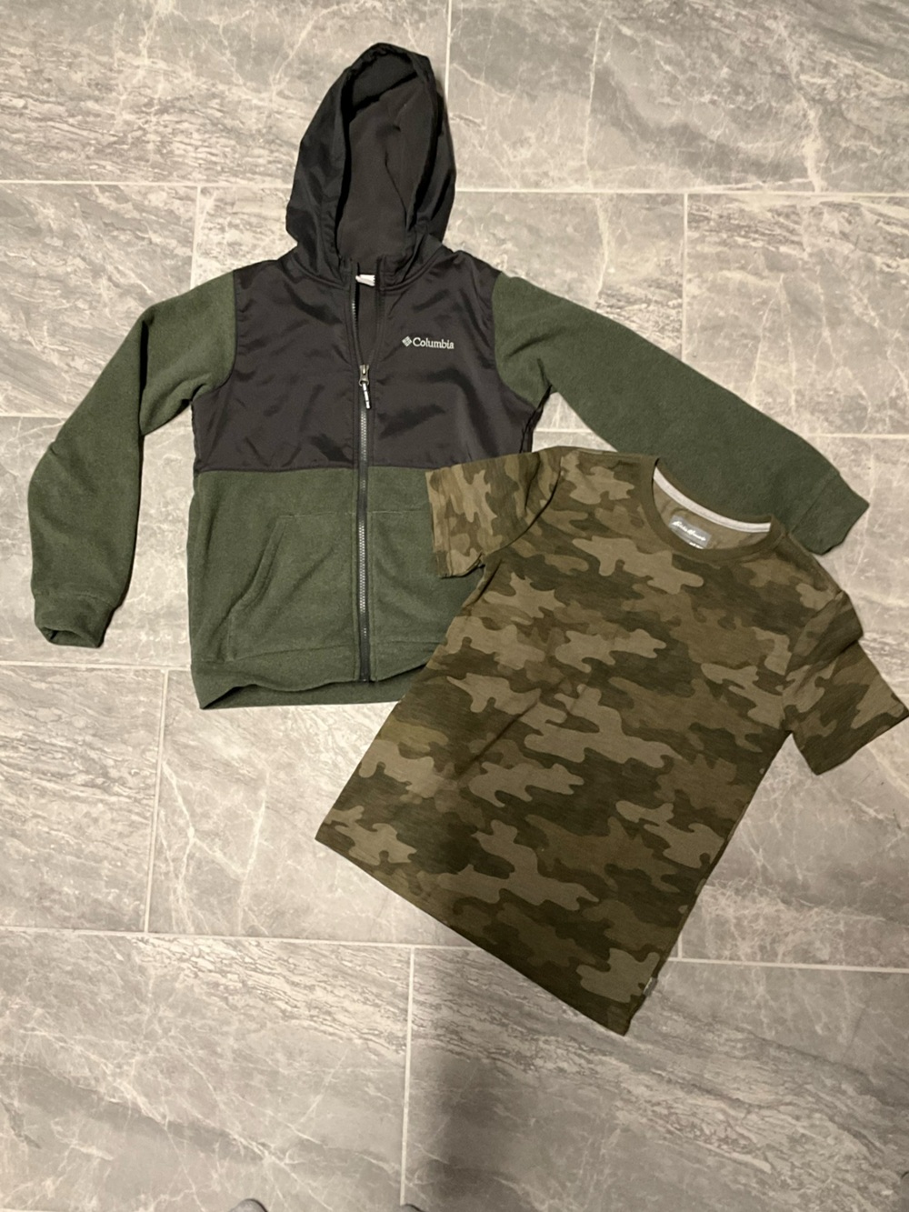 Columbia Boys' Olive Green and Black Hooded Fleece with Eddie Bauer Camo Tee
